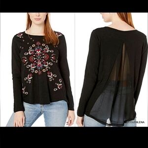 Lucky Brand Black Top with Colorful Embroidery Sheer Back Panel Knit Cotton Sz S